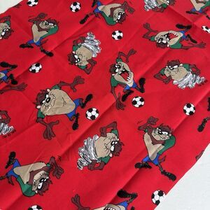 Vtg Looney Tunes Taz Fabric Red Soccer Print Scrap Remnant Cotton Warner Bros